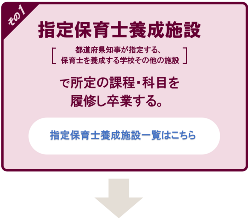 その1 指定保育士養成施設[都道府県知事が指定する、保育士を養成する学校その他の施設]で所定の課程・科目を履修し卒業する。